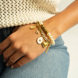 Hey Beautifl Pearl & Gold Cluster Disc Beads Stretch Bracelet – Waterproof & Tarnish-Free