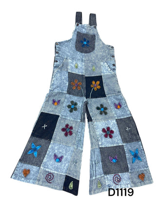 Patchwork Meadow Wide-Leg Overall Jumpsuit – Denim Blue