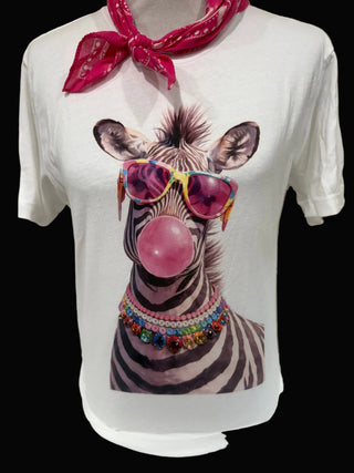 Bubble Gum Zebra Jeweled Collar Graphic Crew Tee