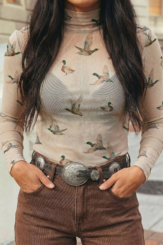 Flying Mallard Duck Mock Neck Mesh Top