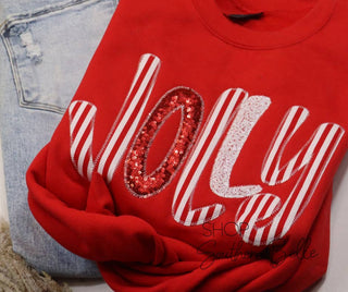 Holly Jolly red Christmas sweatshirt with candy cane stripe and red sequin appliqué jolly lettering