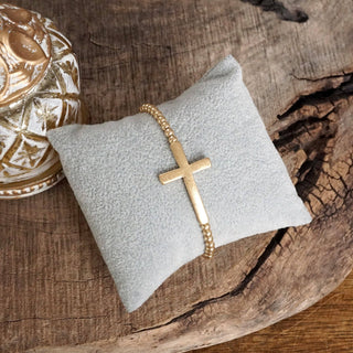 Hey Beautiful Worn Gold Cross Beaded Stretch Bracelet