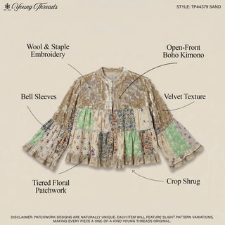 Young Threads Vintage Floral Patchwork Cropped Shrug | Boho Ruffle Sleeve Layering Jacket
