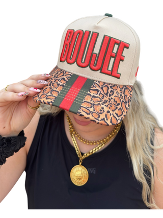 Boujee Embroidered Leopard Print Snapback Cap – Red & Green