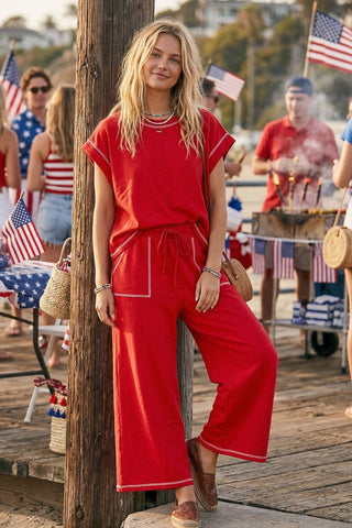 Contrast Stitch Scuba Lounge Set | Wide Leg Two-Piece Set
