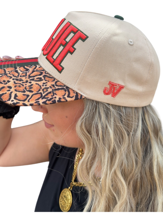 Boujee Embroidered Leopard Print Snapback Cap – Red & Green