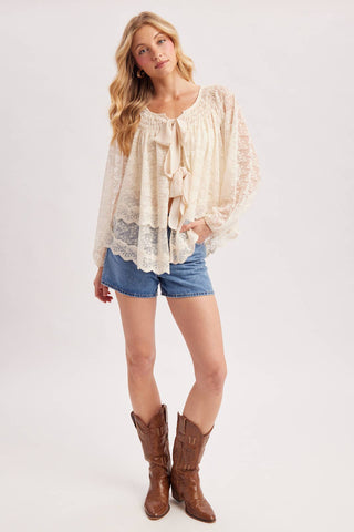 Bluivy | Layered Lace Tie-Front 2-Way Blouse | Cream