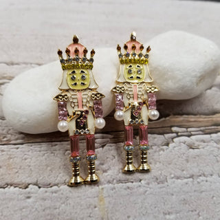 Sugar Plum pink and gold nutcracker drop earrings with rhinestones and pearl accents