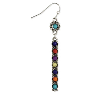 Single antique silver bar earring with bright mixed color resin stones and French hook