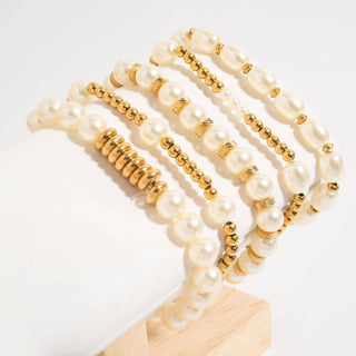Hey Beautifl Pearl & Gold Cluster Disc Beads Stretch Bracelet – Waterproof & Tarnish-Free