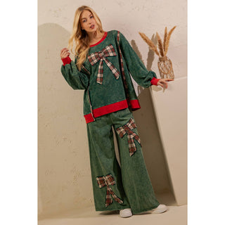 Deck the Halls spruce green mineral wash lounge set with red trim and plaid bow appliques