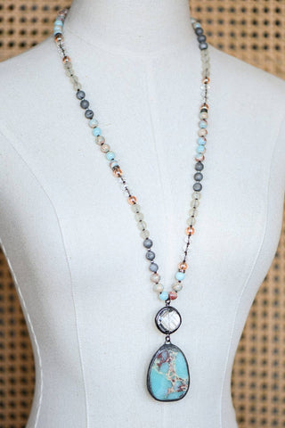 Hey Beautiful – Natural Stone Beaded Necklace with Statement Pendant – Boho Long Layering Necklace