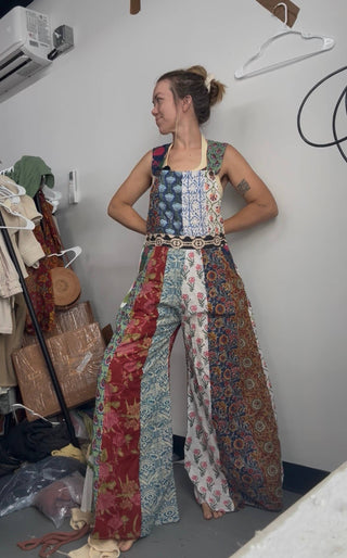 Boho Patchwork Flare Overalls | Bohemian Block Print
