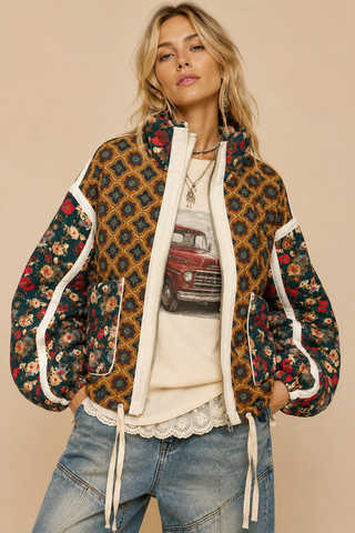 Front Porch Patchwork Bomber full-length front view in Toffee Garden