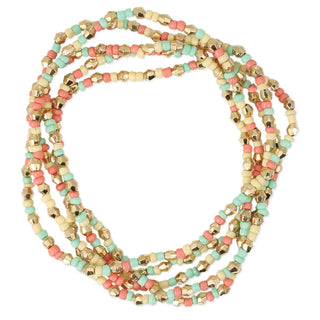 Set of five thin beaded stretch bracelets in soft pastel and gold tone beads
