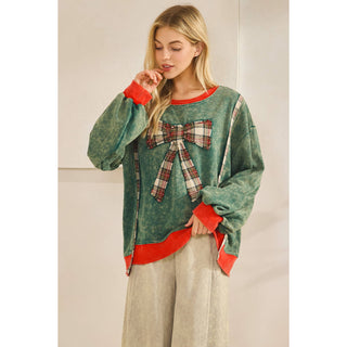 Jingle Bell Plaid Bow Mineral Wash Pullover
