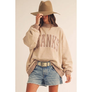 THANKS gingham patch pullover styled with denim shorts and a wide-brim hat