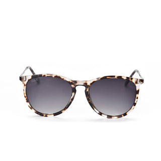 Sunglasses with tortoiseshell frame and dark lenses on a white background