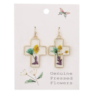 Pressed wildflower cross drop earrings, close-up detail