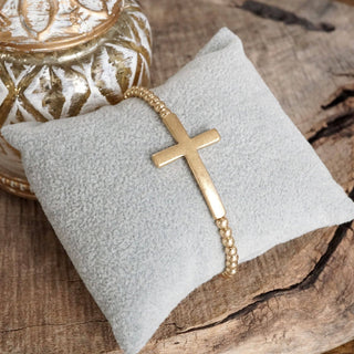 Hey Beautiful Worn Gold Cross Beaded Stretch Bracelet