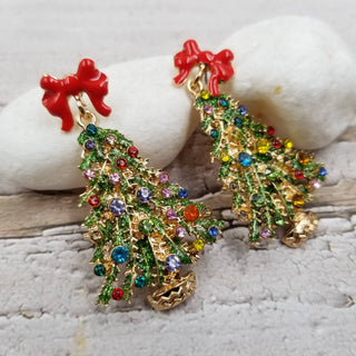 Side view of rhinestone Christmas tree drop earrings