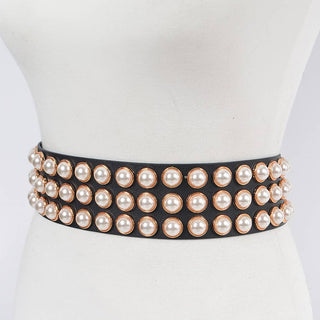 Black waist belt with three rows of pearl studs