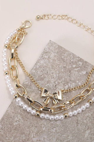 Hey Beautiful – Gold Bow & Pearl Bracelet Set – 3 Piece Layering Bracelet Stack
