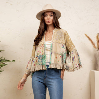 Young Threads Vintage Floral Patchwork Cropped Shrug | Boho Ruffle Sleeve Layering Jacket