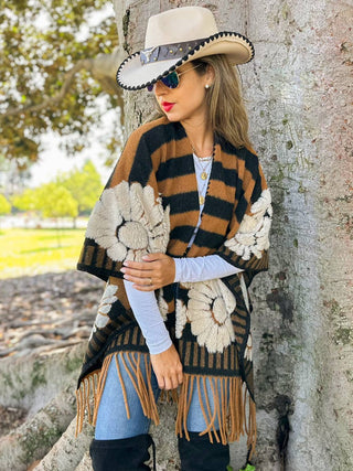 Apple Orchard Floral Stripe Fringe Ruana