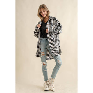 Plaid jacquard oversized button down shacket with chest pockets
