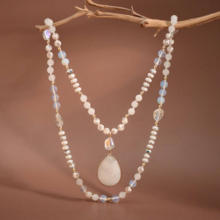 Hey Beautiful – White Stone Beaded Long Necklace with Teardrop Pendant – Boho Layering Statement Necklace