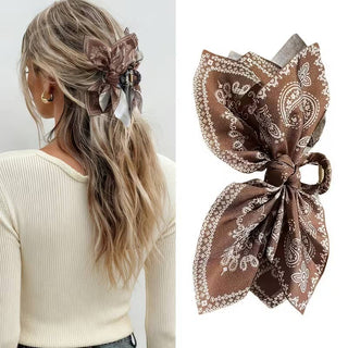 Toffee brown and cream paisley scarf bow hair clip
