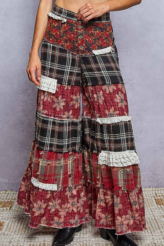 Wildflower Meadow patchwork ruffle wide leg pants in Rosewood Plaid