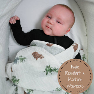 LollyBanks Bear Cub & Evergreen Trees Muslin Swaddle Blanket