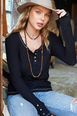 Everyday Ribbed Henley Long Sleeve Top