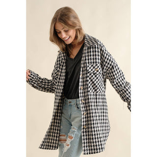Plaid jacquard oversized button down shacket with chest pockets