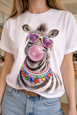 Bubble Gum Zebra Jeweled Collar Graphic Crew Tee