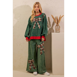 Side view of plaid bow sweatshirt and wide-leg pant set