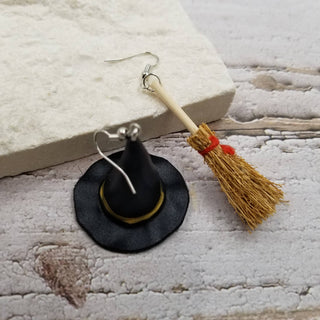 Halloween Witch Hat & Broom Mismatched Earrings