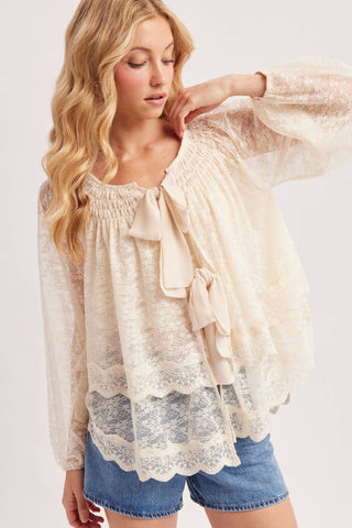 Bluivy | Layered Lace Tie-Front 2-Way Blouse | Cream
