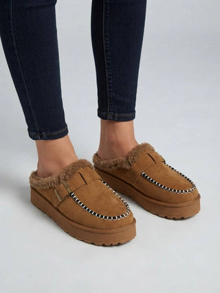 Camel Fur-Lined Braided Mules | Cozy Slip-On Platform Shoes