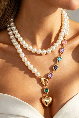 Hey Beautiful Boutique | Multi-Strand Pearl & Gemstone Heart Pendant Necklace