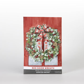 Red Door Wreath scented sachet in hand-painted red wreath envelope