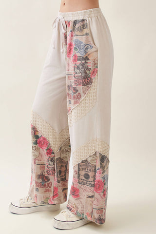 Faded Romance Collage Print Wide-Leg Pants – Cream (Pants Only)