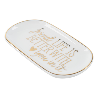 Angled view of hand-painted friendship trinket tray with gold rim