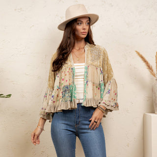 Young Threads Vintage Floral Patchwork Cropped Shrug | Boho Ruffle Sleeve Layering Jacket