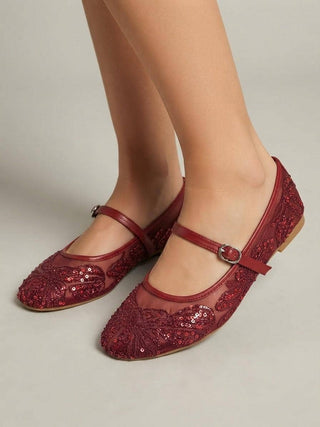 Garnet Red Beaded Mary Jane Flats | Embroidered Ballet Flats