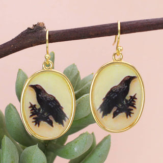 Vintage Raven Oval Drop Earrings