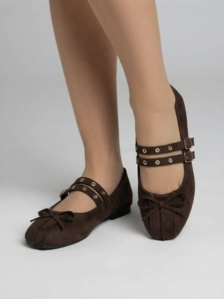 Brown Double Strap Bow Flats | Faux Suede Mary Janes