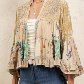 Young Threads Vintage Floral Patchwork Cropped Shrug | Boho Ruffle Sleeve Layering Jacket